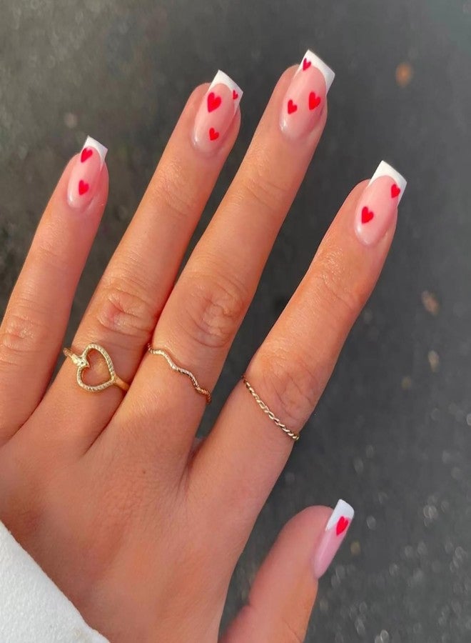 GRITOSE 24Pcs Valentines Press on Nails Short Square Fake Nails with Red Heart Designs French Tip False Nails Valentines Day Heart Nail Artificial Nails Press ons Pink Full Cover Stick on Nail for Women - Image 1